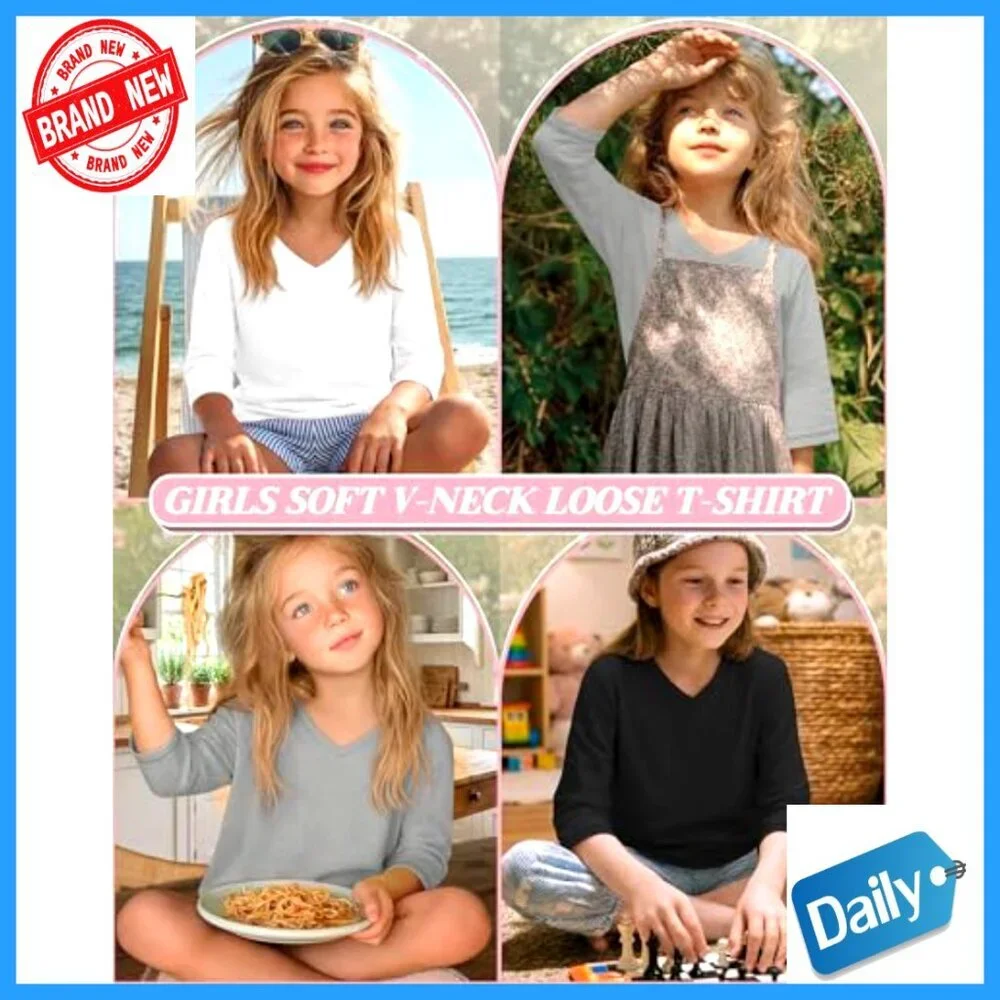 Girl's 3-Pack 3/4 Sleeve V-Neck Tees Loose Fit Lightweight Summer Tops